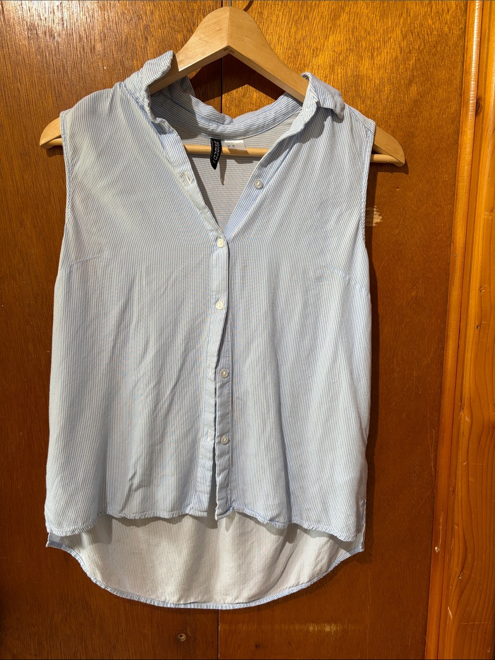 “Divided” Light Blue Sleeveless Button Up Blouse